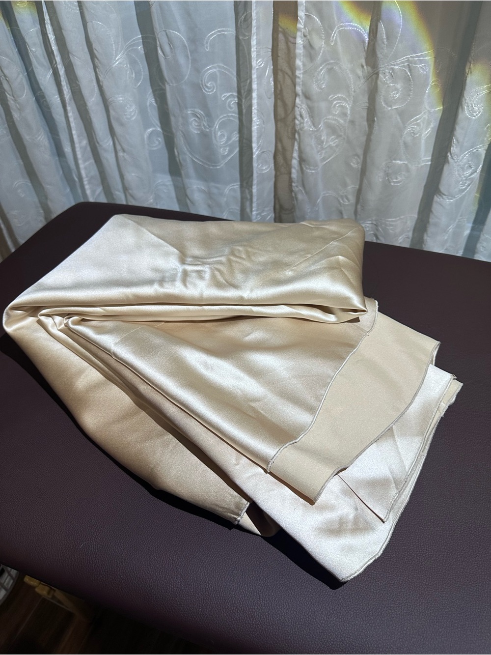 Smooth Satin Champagne Neutral Beige Light Tan Huge Round Tablecloth  128” - Picture 2 of 7